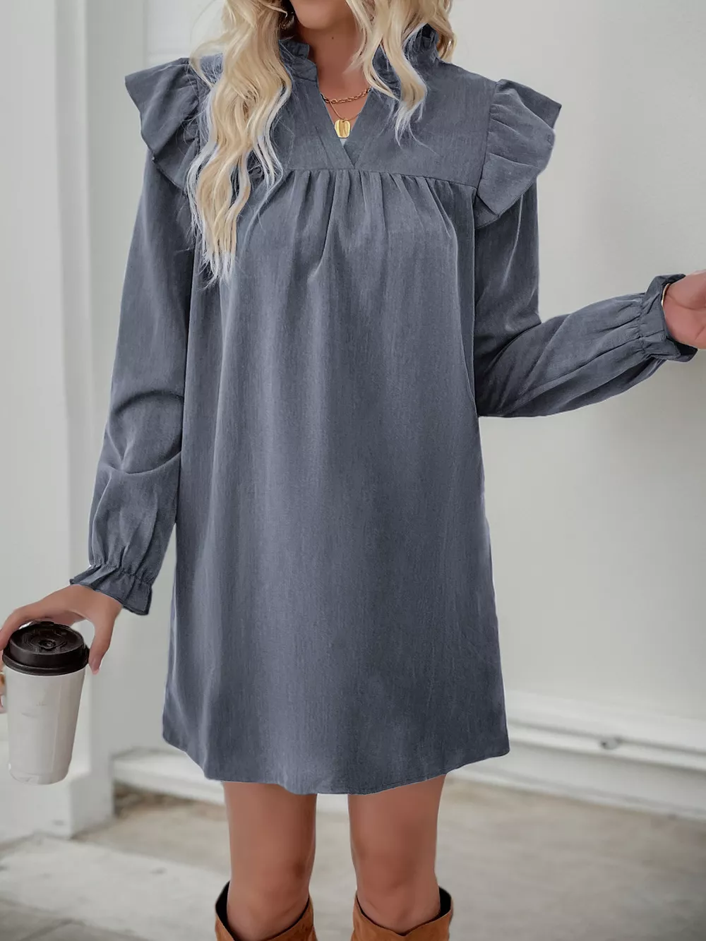 Ruffled Notched Flounce Sleeve Dress, image 2