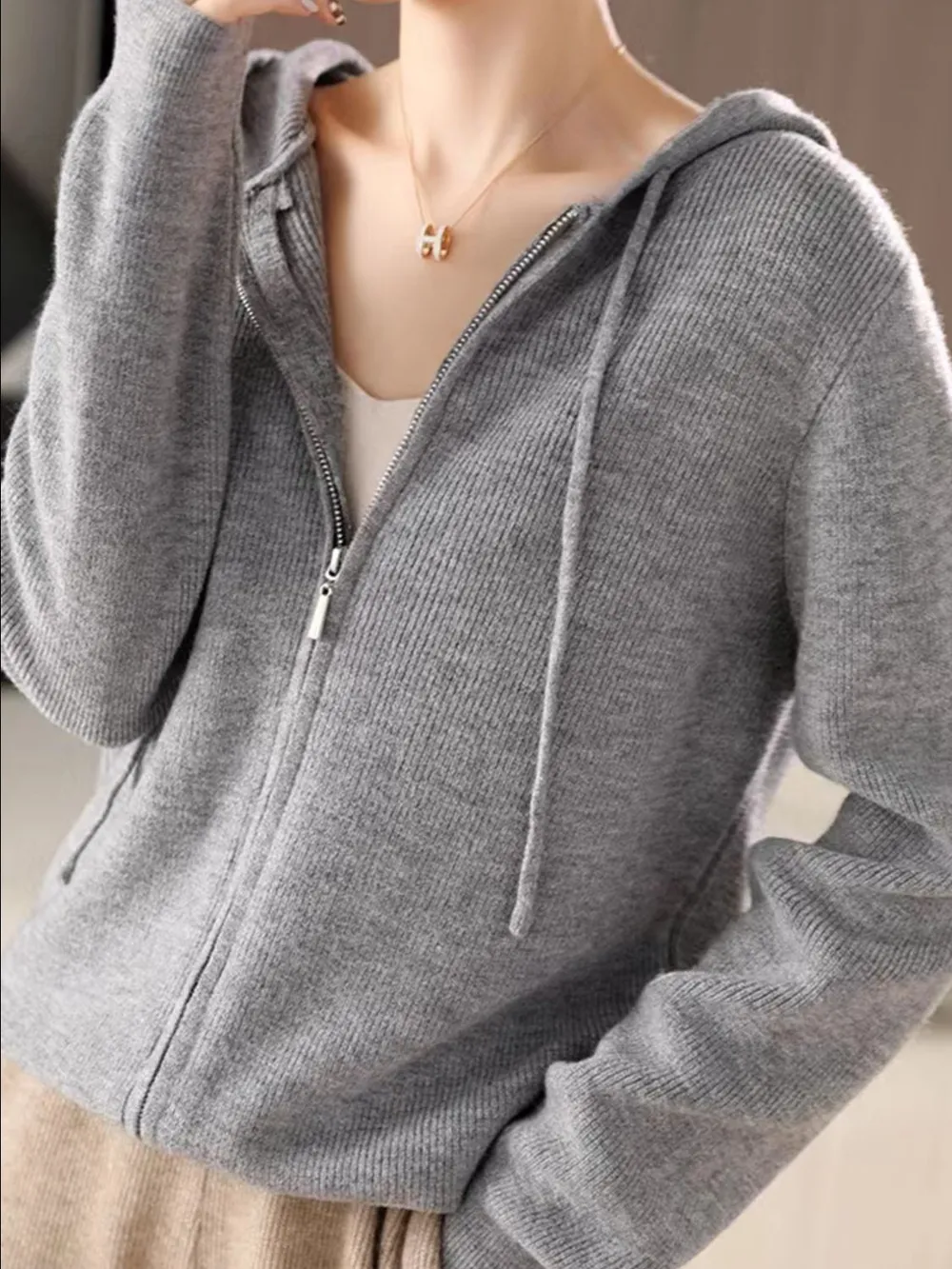 Drawstring Zip Up Long Sleeve Hooded Sweater, image 6