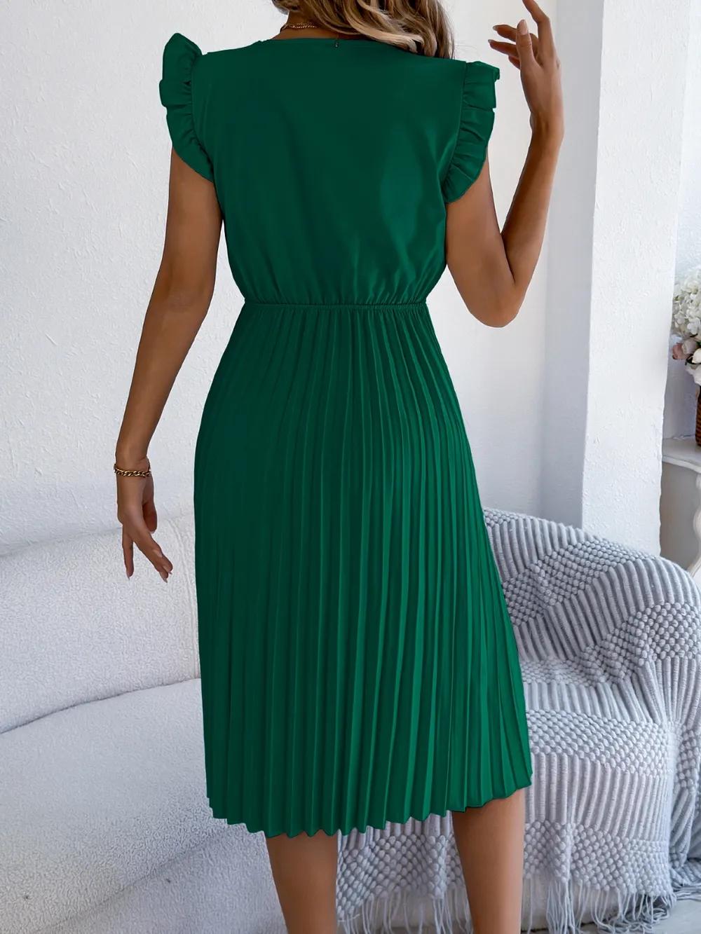 Lace Detail Ruffled Cap Sleeve Pleated Dress, image 3