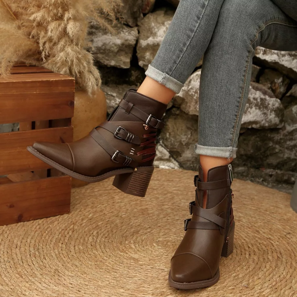 Point Toe Buckle Strap Ankle Boots with Block Heels, image 7