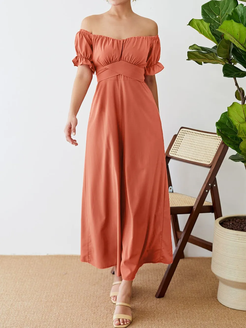 Off-Shoulder Short Sleeve Wide Leg Jumpsuit, image 2