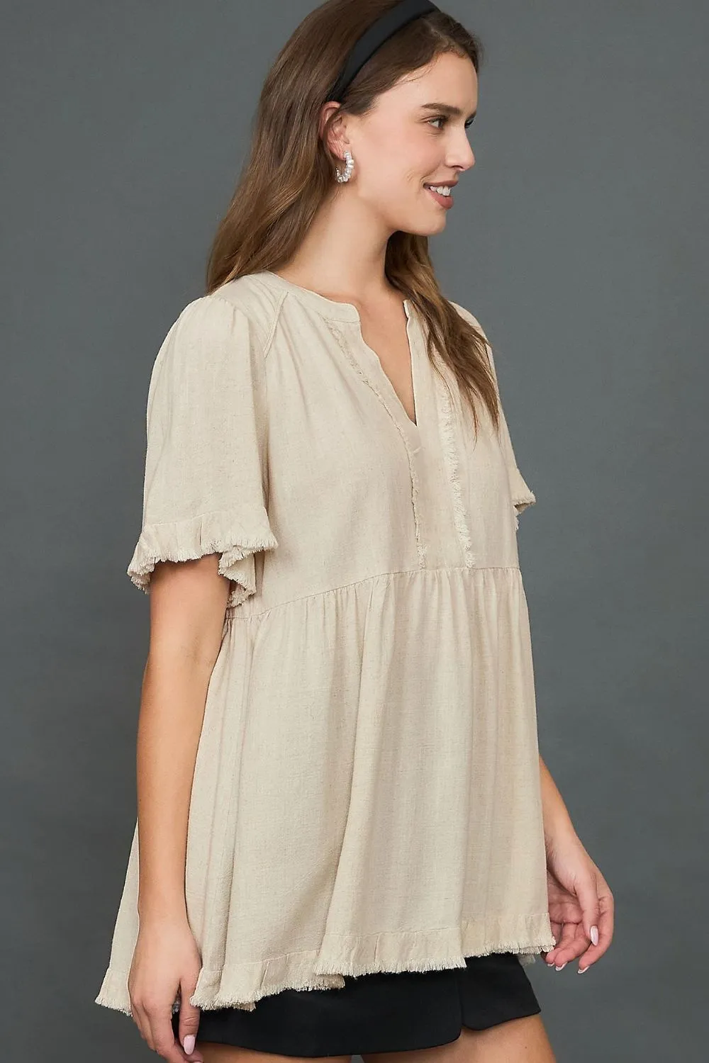 Full Size Raw Hem Notched Babydoll Linen Blouse Plus Size, image 3