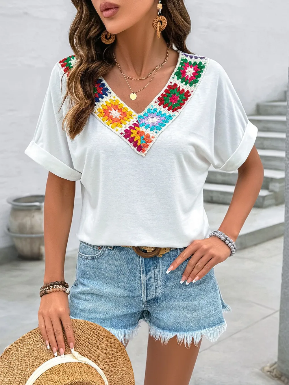 Contrast V-Neck Short Sleeve Top