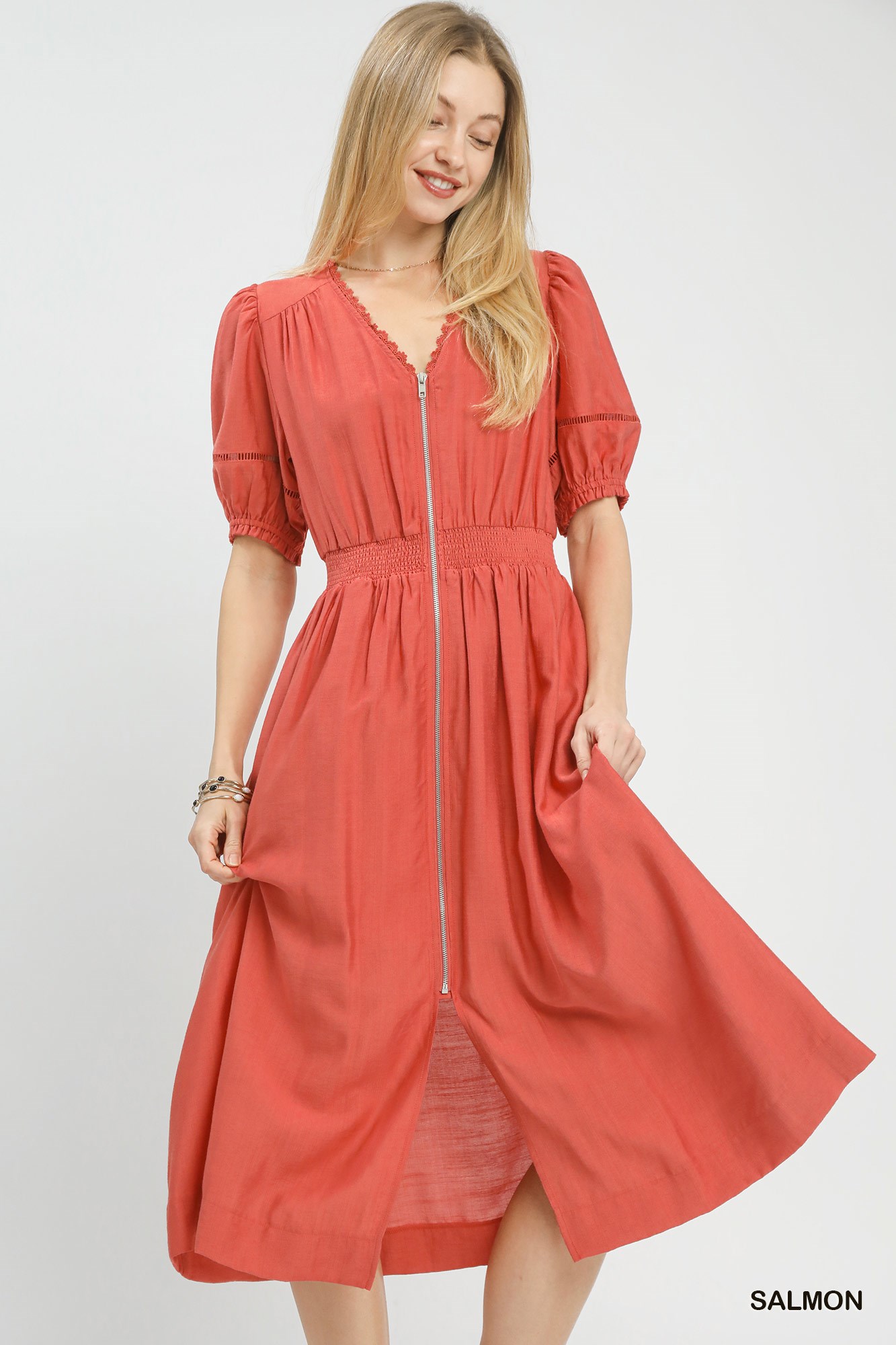 Zip-Front Smocked Waist Midi Dress