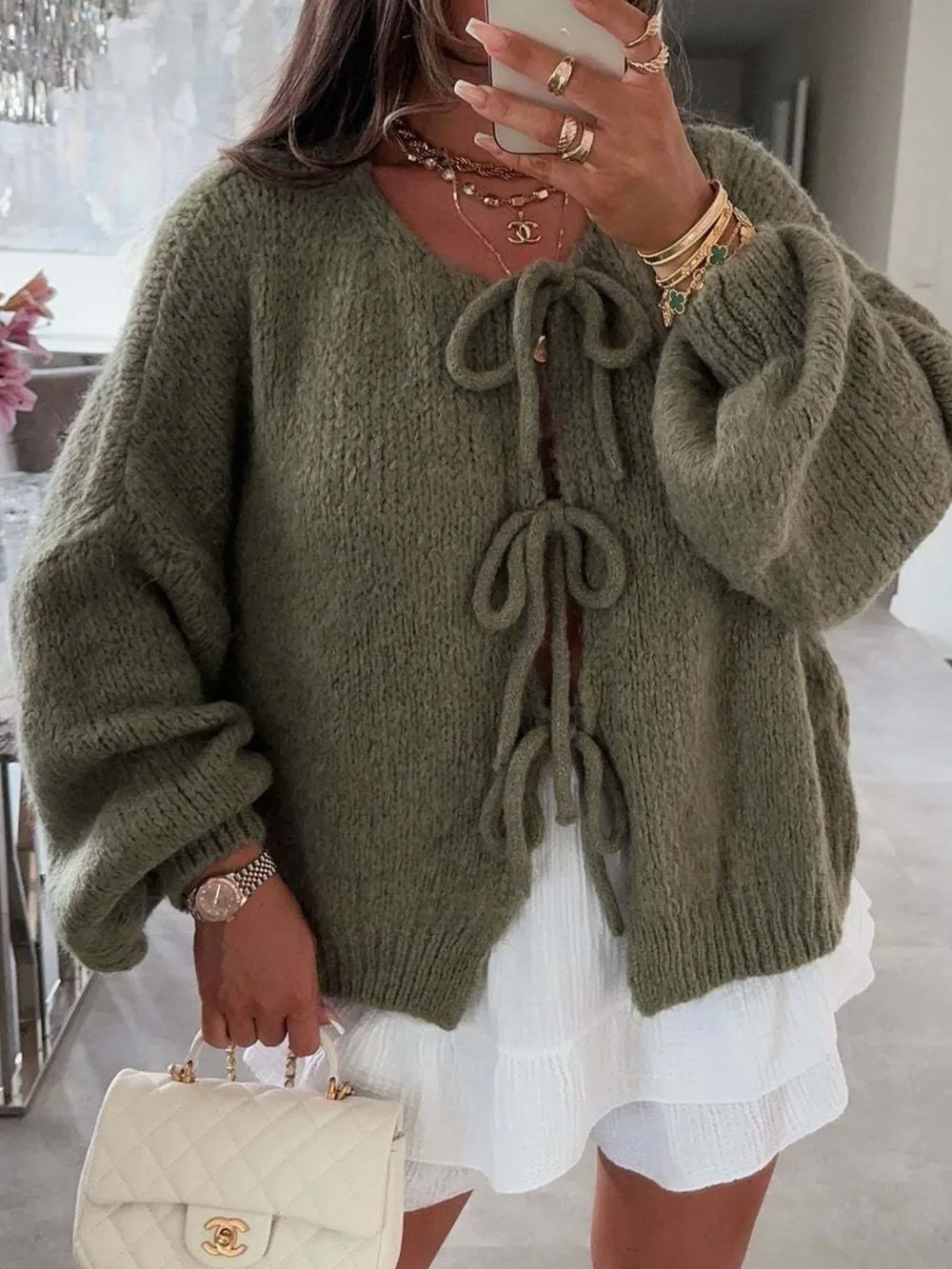 Cozy Bow-Tie Front Knit Cardigan, image 2