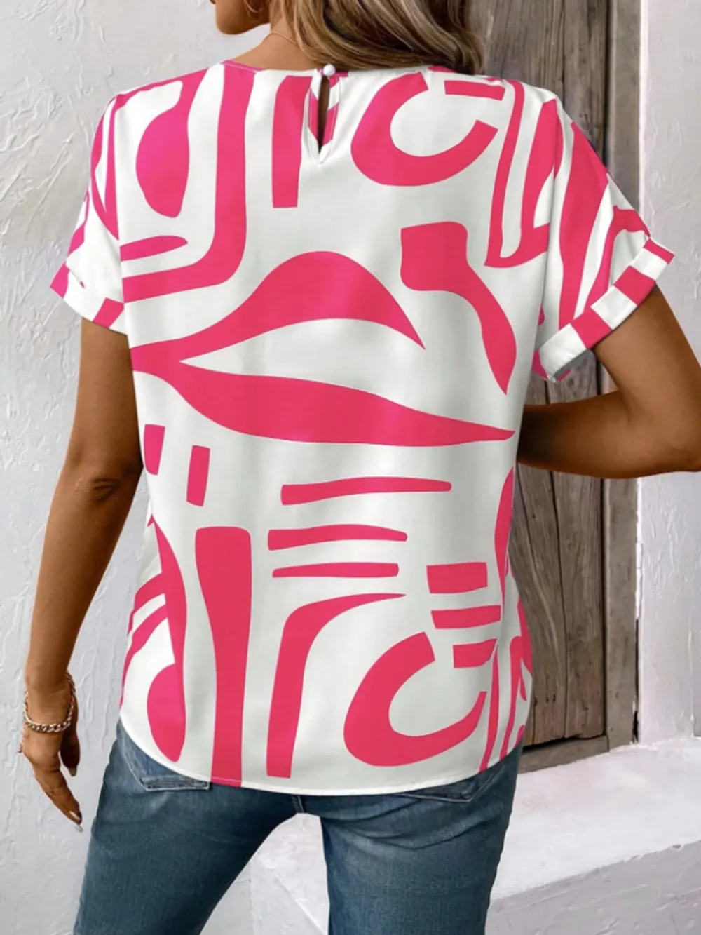 Contrast Round Neck Short Sleeve Blouse, image 2