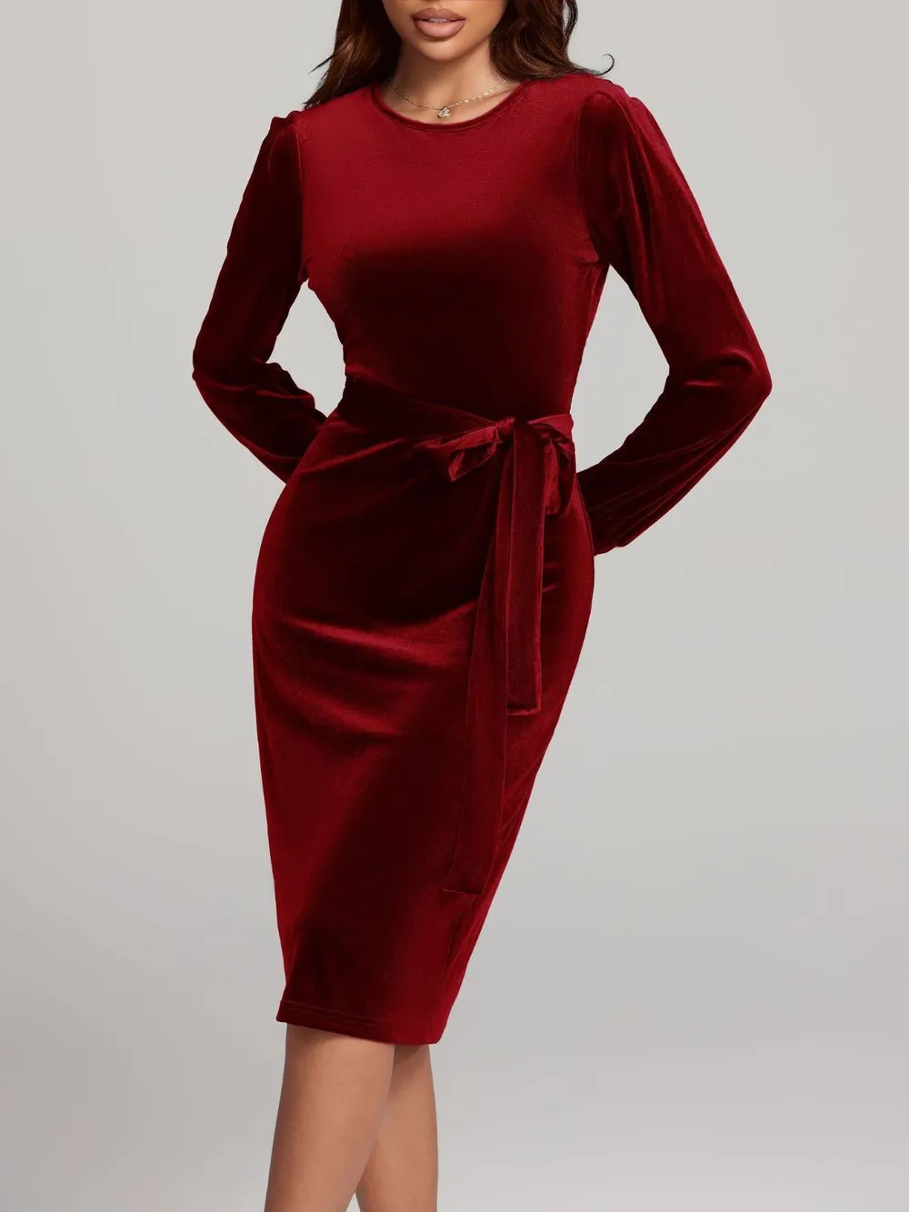 Round Neck Tie Waist Long Sleeve Velvet Dress, image 20
