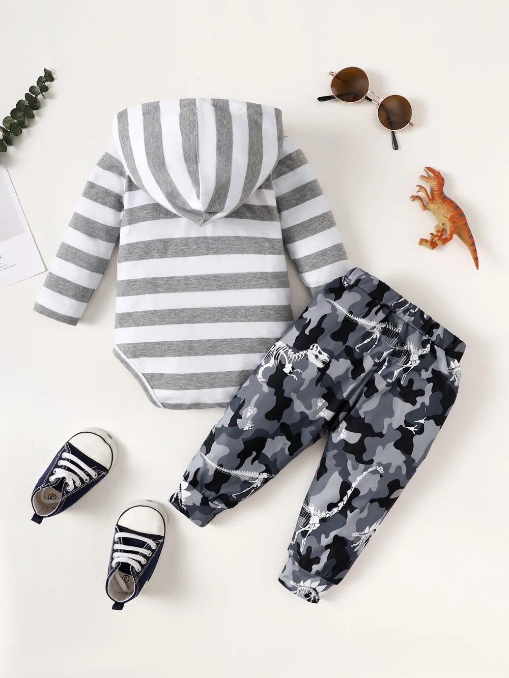 Children's Striped Hooded Bodysuit and Camouflage Pants Set, image 2