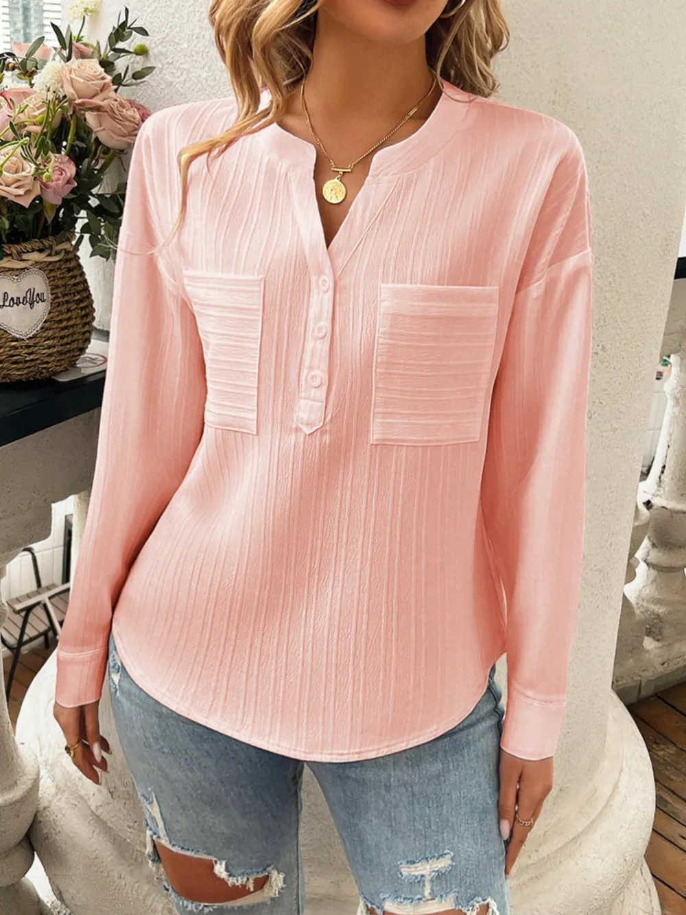 Pocketed Notched Long Sleeve Blouse