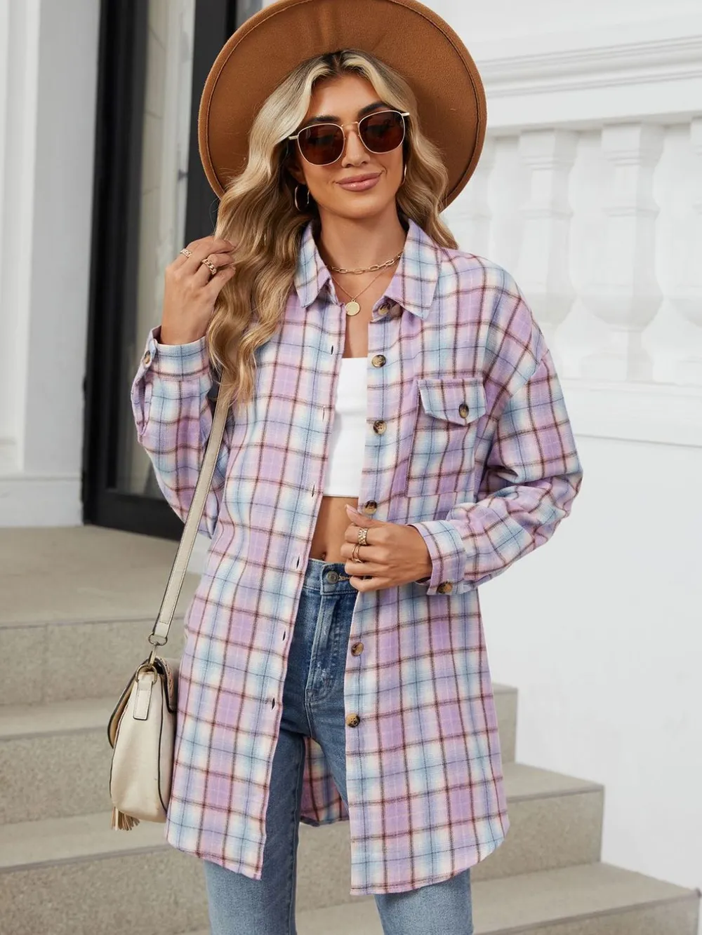 Plaid Collared Neck Long Sleeve Shirt, image 20