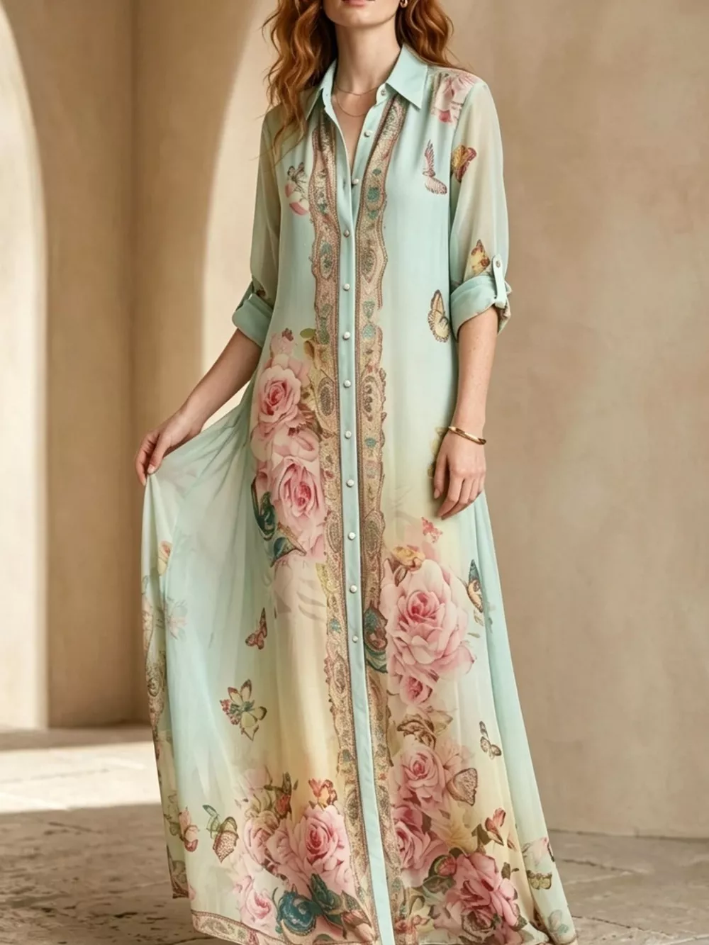 Full Size Floral Print Button-Down Maxi Shirt Dress Plus Size, image 4
