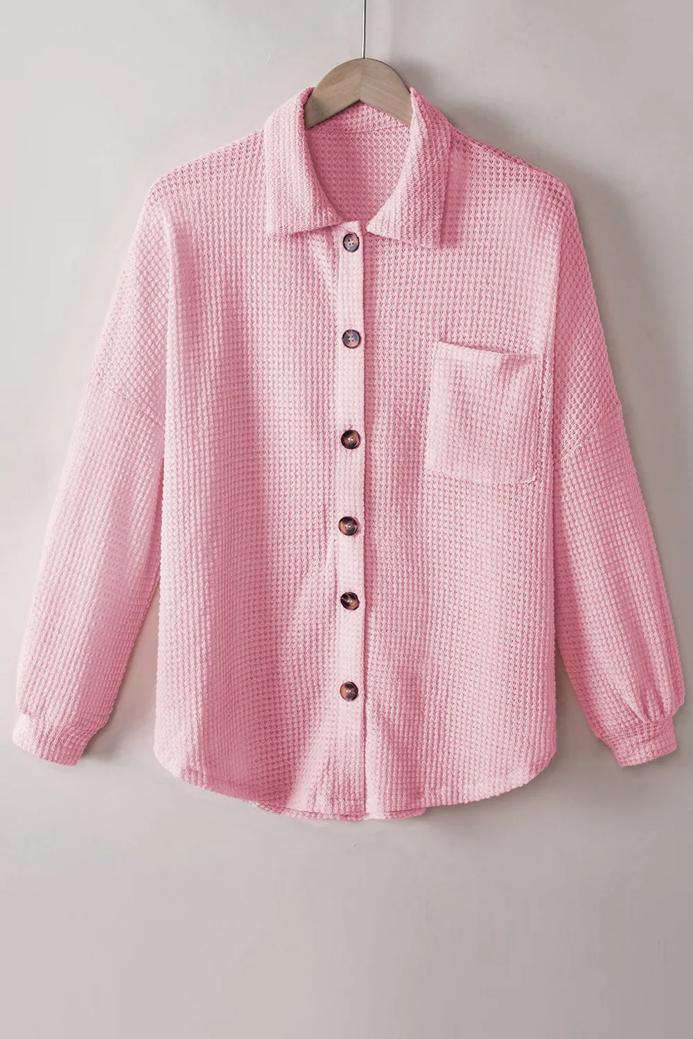 Waffle-Knit Collared Neck Long Sleeve Shirt, image 5