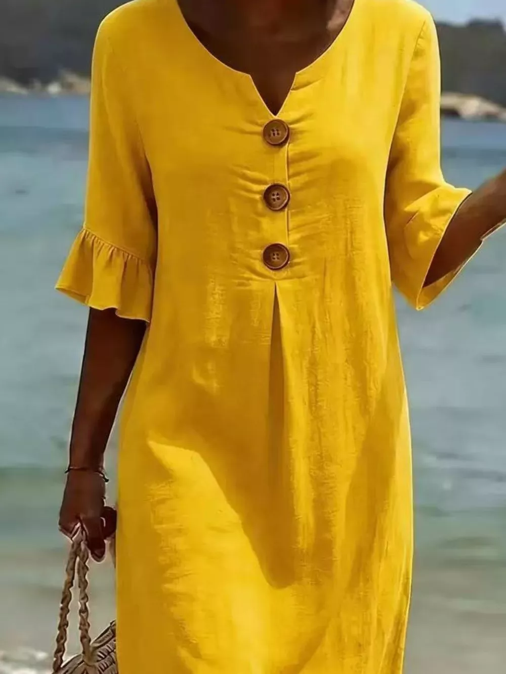 Full Size Button Decor Ruffle Sleeve Midi Dress Plus Size, image 11