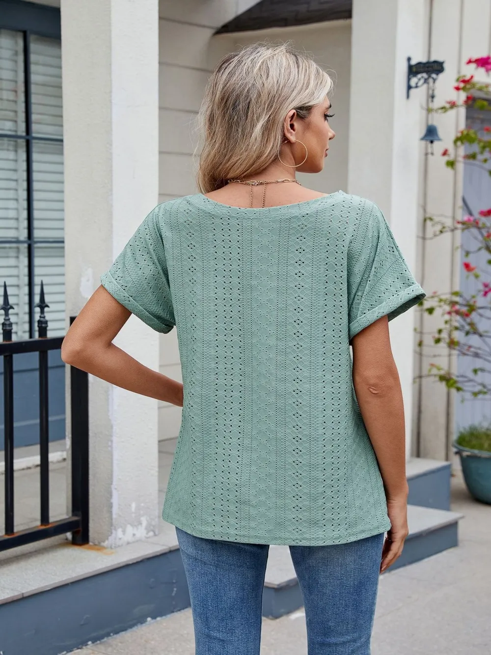 Eyelet Round Neck Short Sleeve Top, image 4