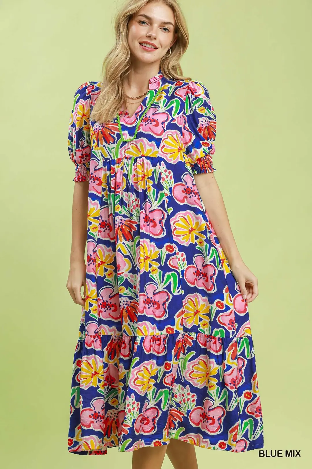 Floral Print Puff Sleeve Tiered Midi Dress