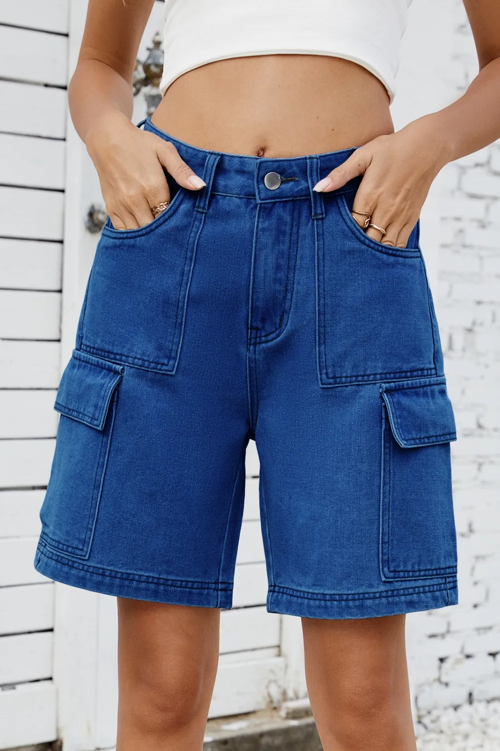 High Rise Denim Shorts with Cargo Pockets, image 2