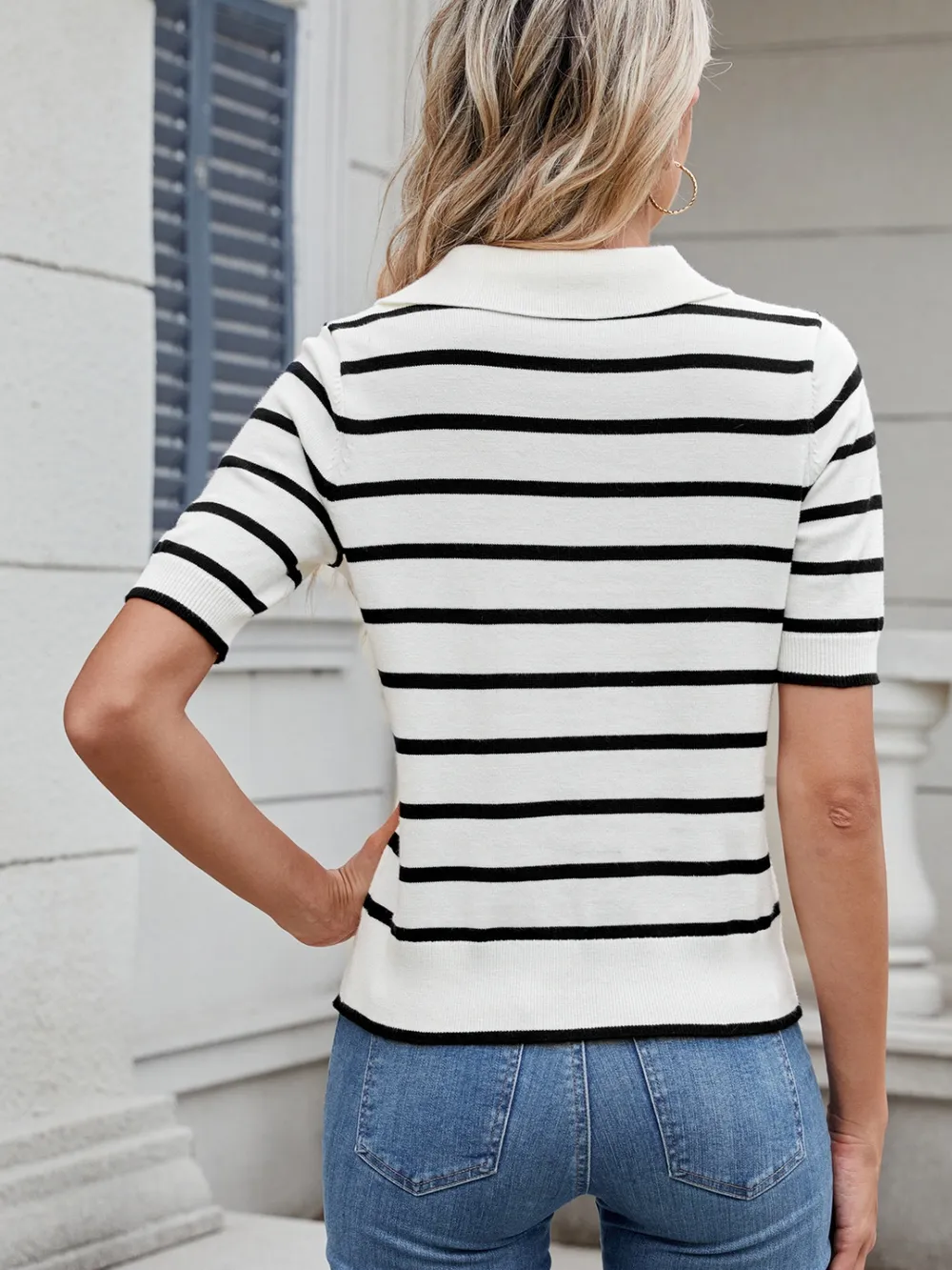 Striped Johnny Collar Short Sleeve Sweater, image 2