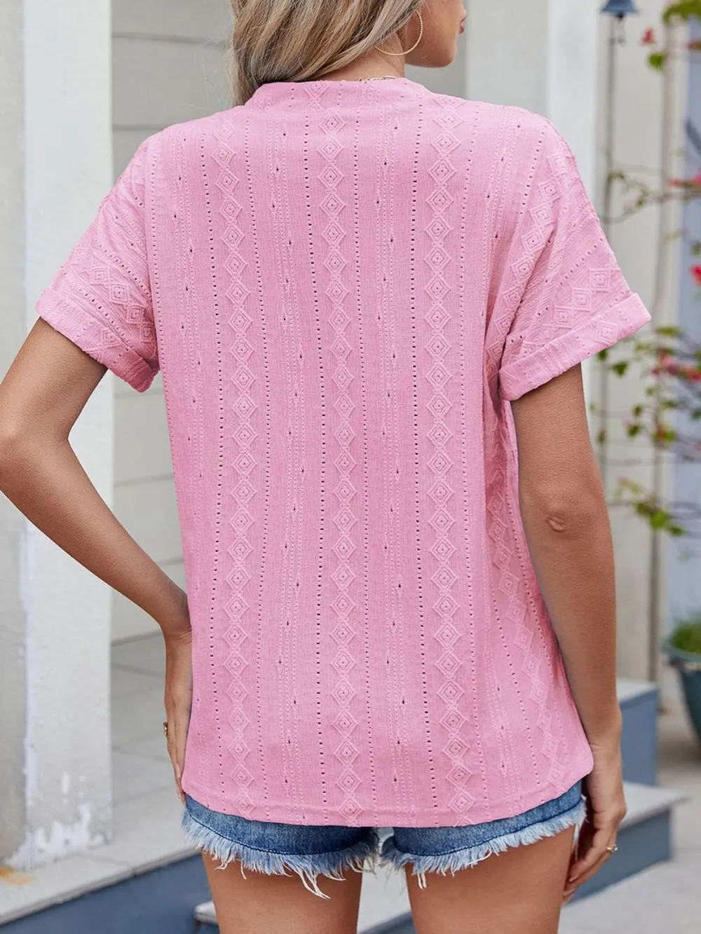 Eyelet Notched Short Sleeve Top, image 3