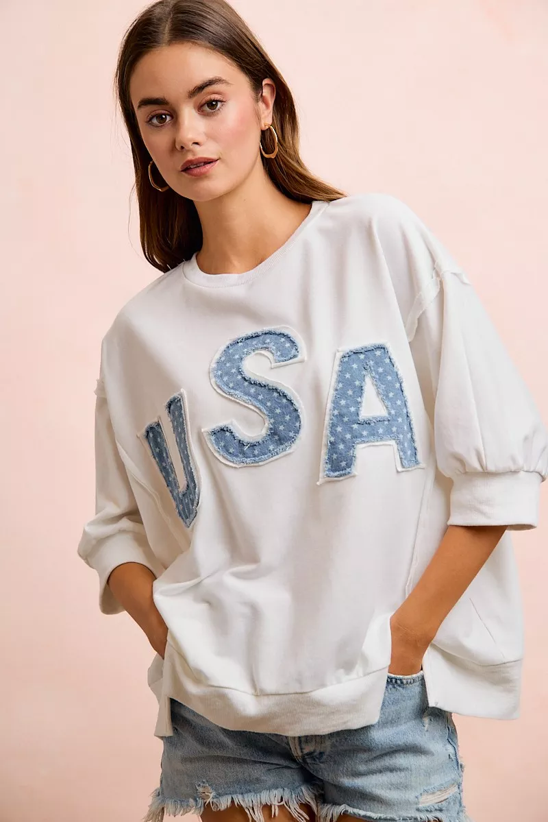 4th Of July Usa Letter Patchwork French Terry Top, image 7