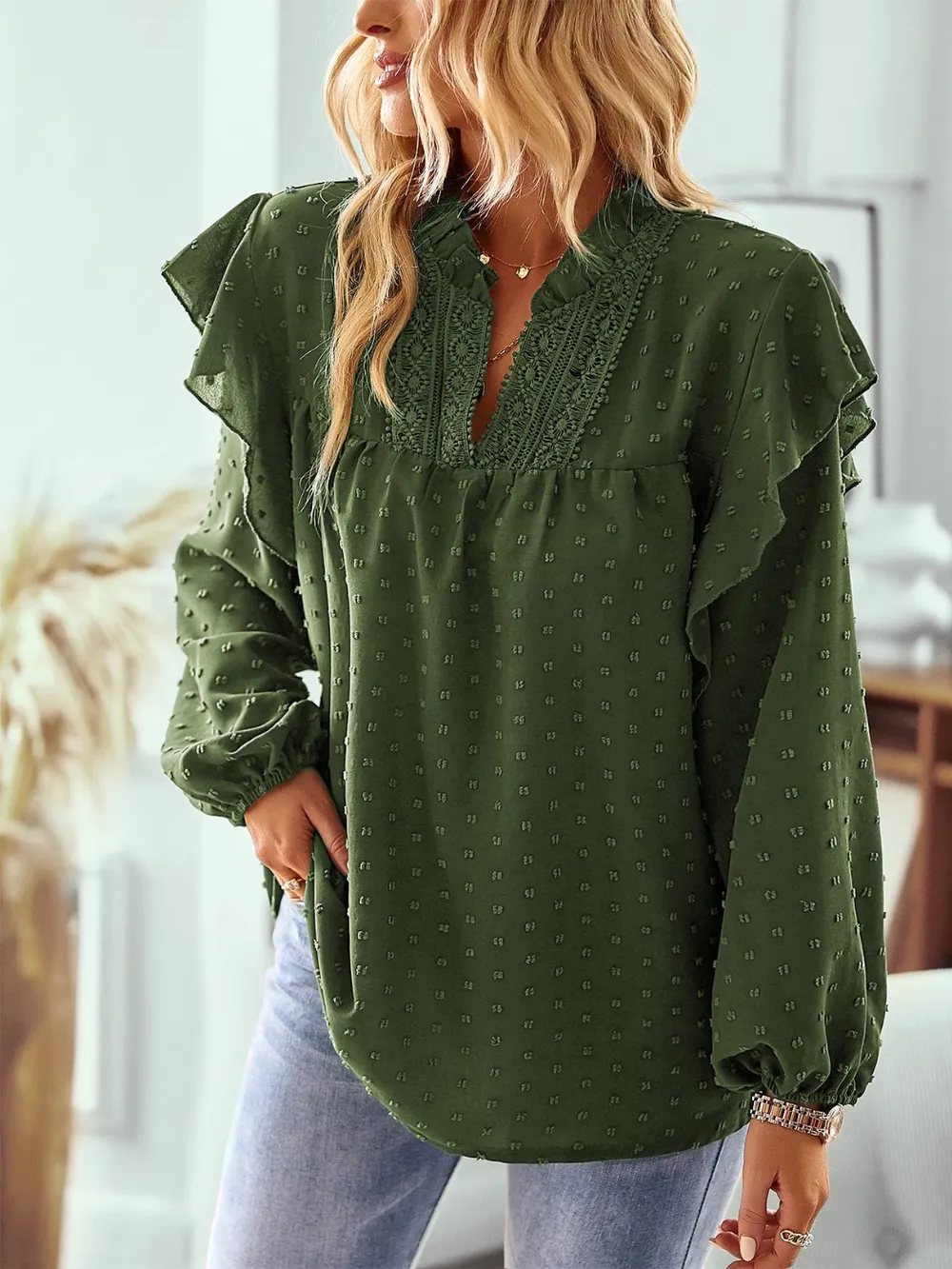Swiss Dot Ruffled Long Sleeve Blouse, image 12
