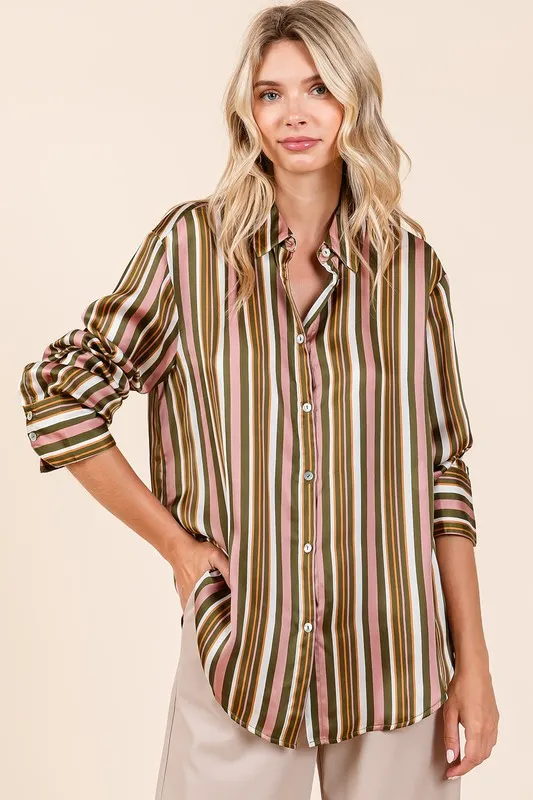 Striped Button Down Satin Shirt, image 2
