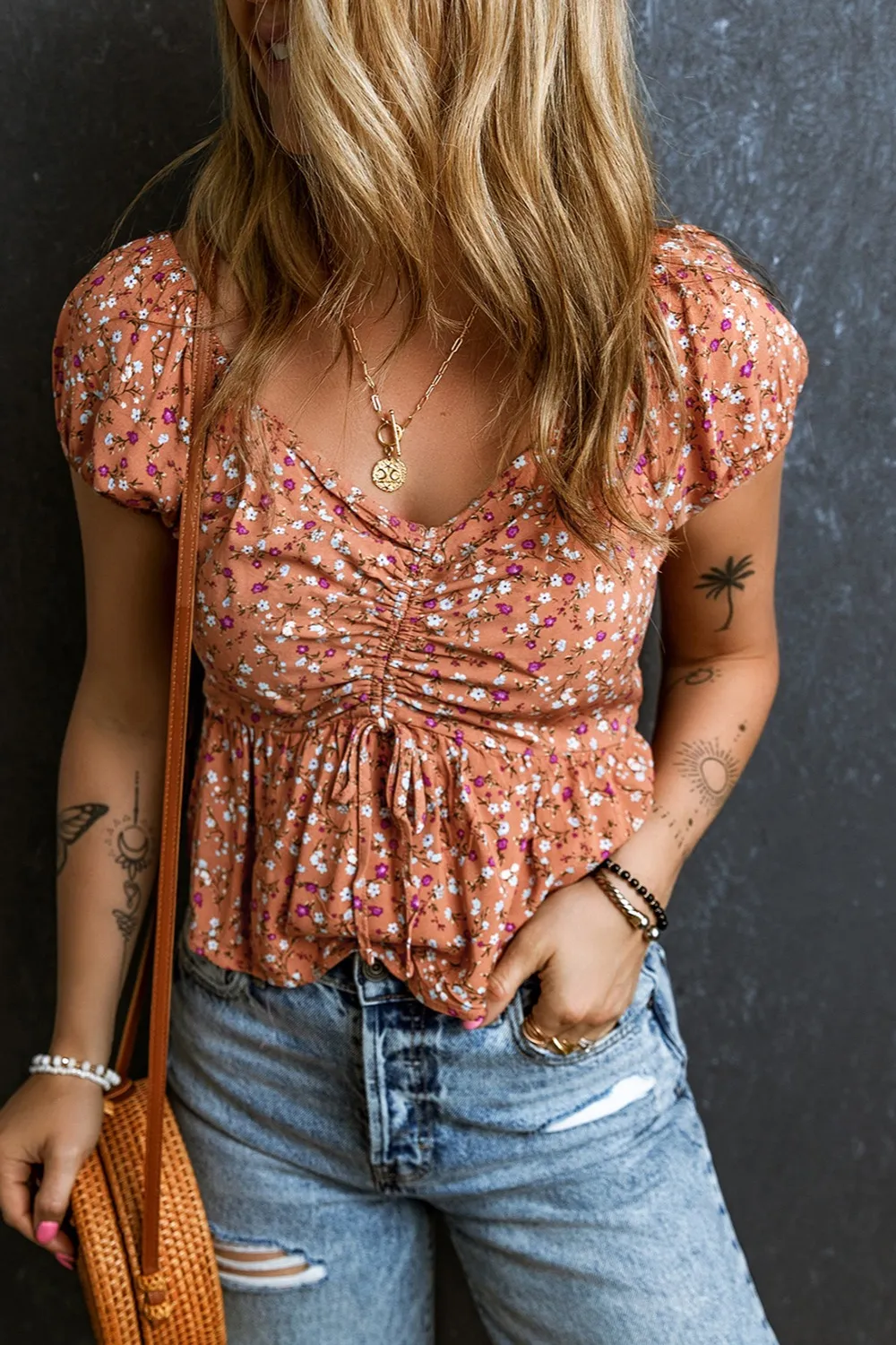 Drawstring Floral V-Neck Short Sleeve Blouse, image 2