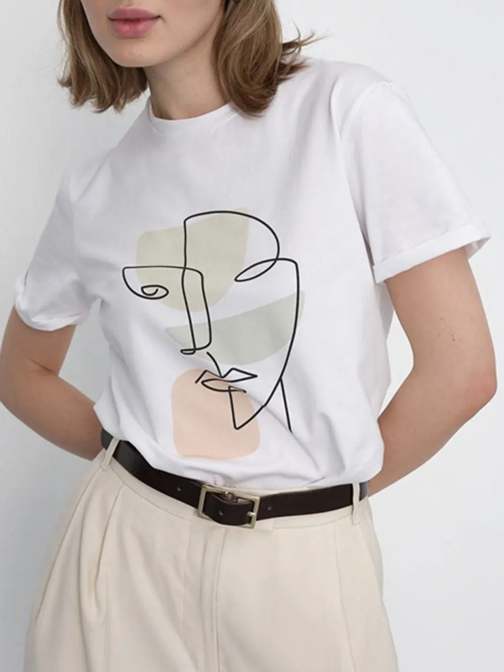 Abstract Face Graphic Casual Round Neck T-Shirt, image 6