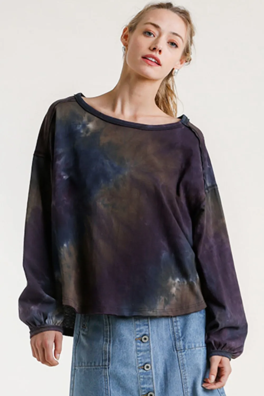 Full Size Tie Dye Round Neck Long Balloon Sleeve Top Plus Size