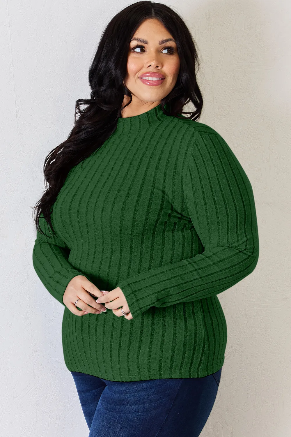 Full Size Ribbed Mock Neck Long Sleeve T-Shirt, image 2