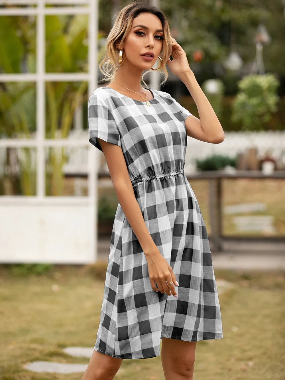 Smocked Plaid Round Neck Short Sleeve Dress, image 9