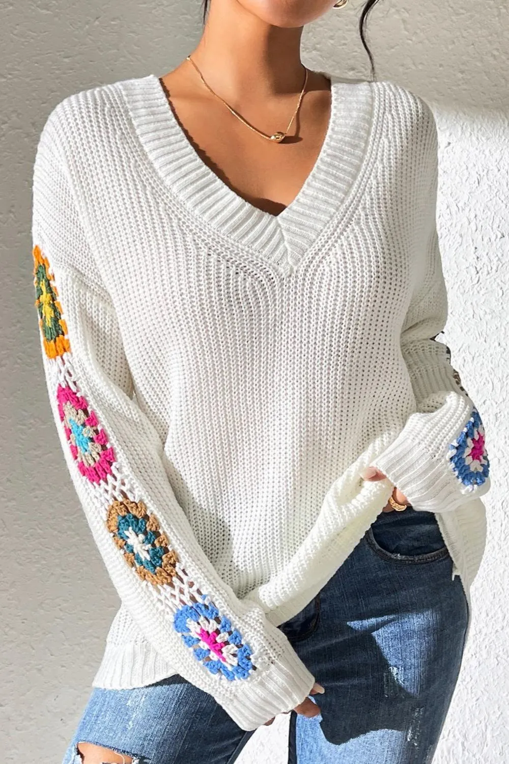 Crochet Flower V-Neck Sweater, image 8