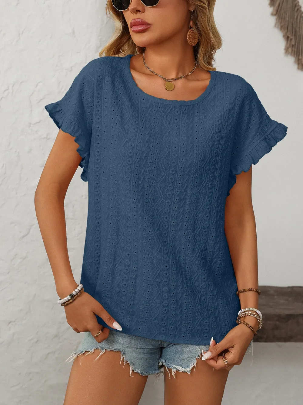 Eyelet Round Neck Short Sleeve Top, image 2