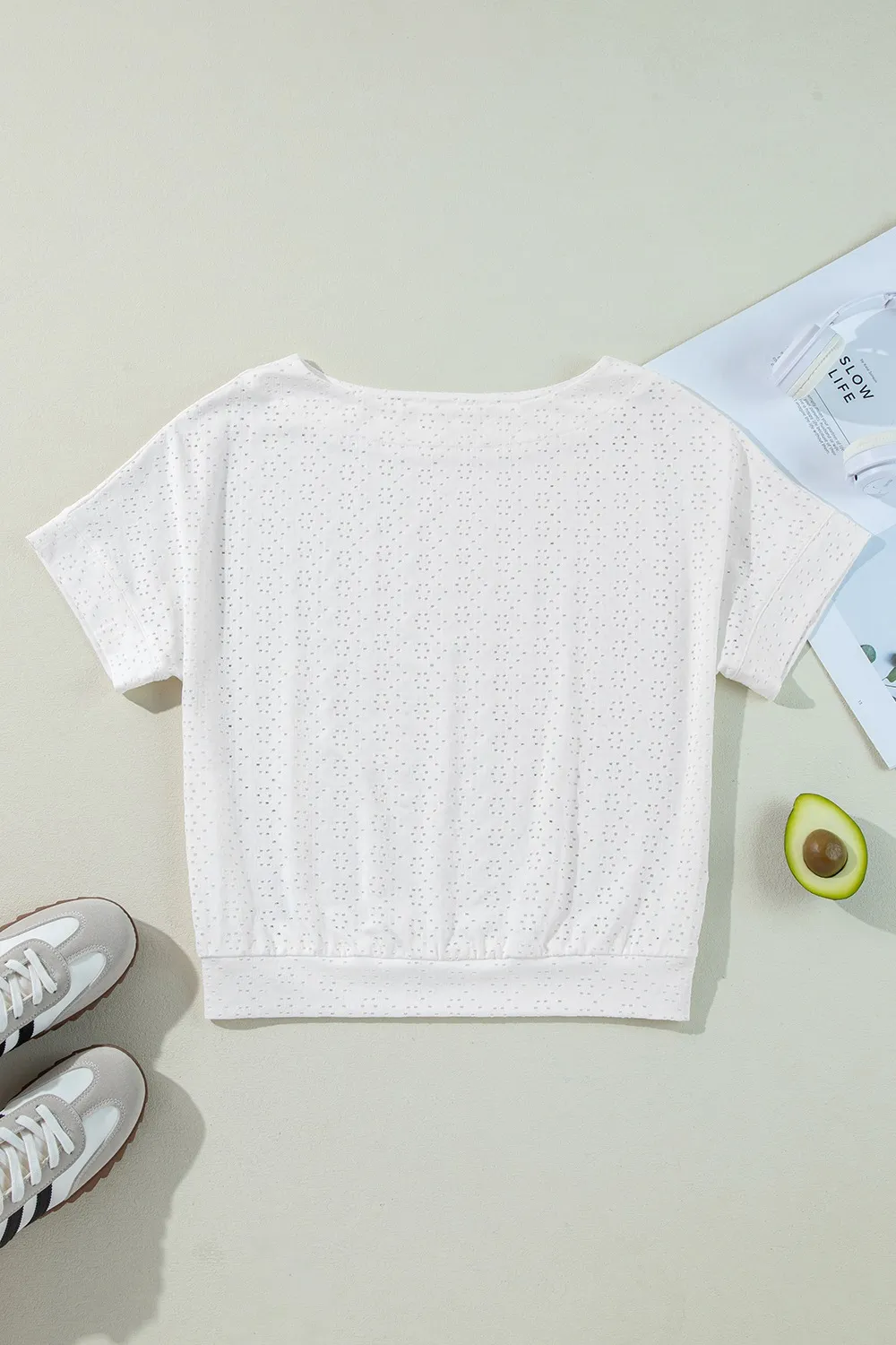 Eyelet Pattern Boat Neck Casual Tee, image 3