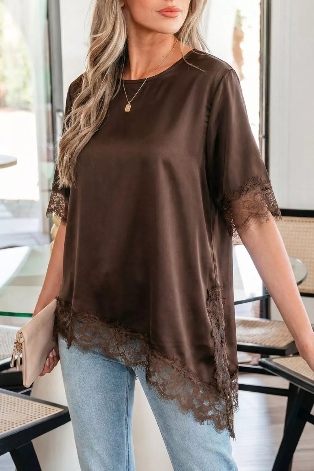 Asymmetric Lace Trim Short Sleeve Satin Top, image 3
