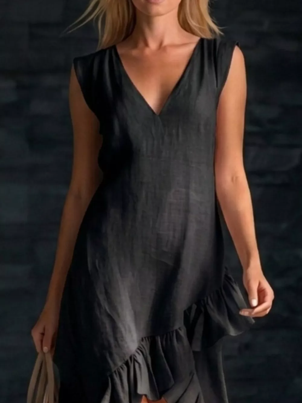 Sleeveless V-Neck Ruffle Hem High-Low Dress, image 11