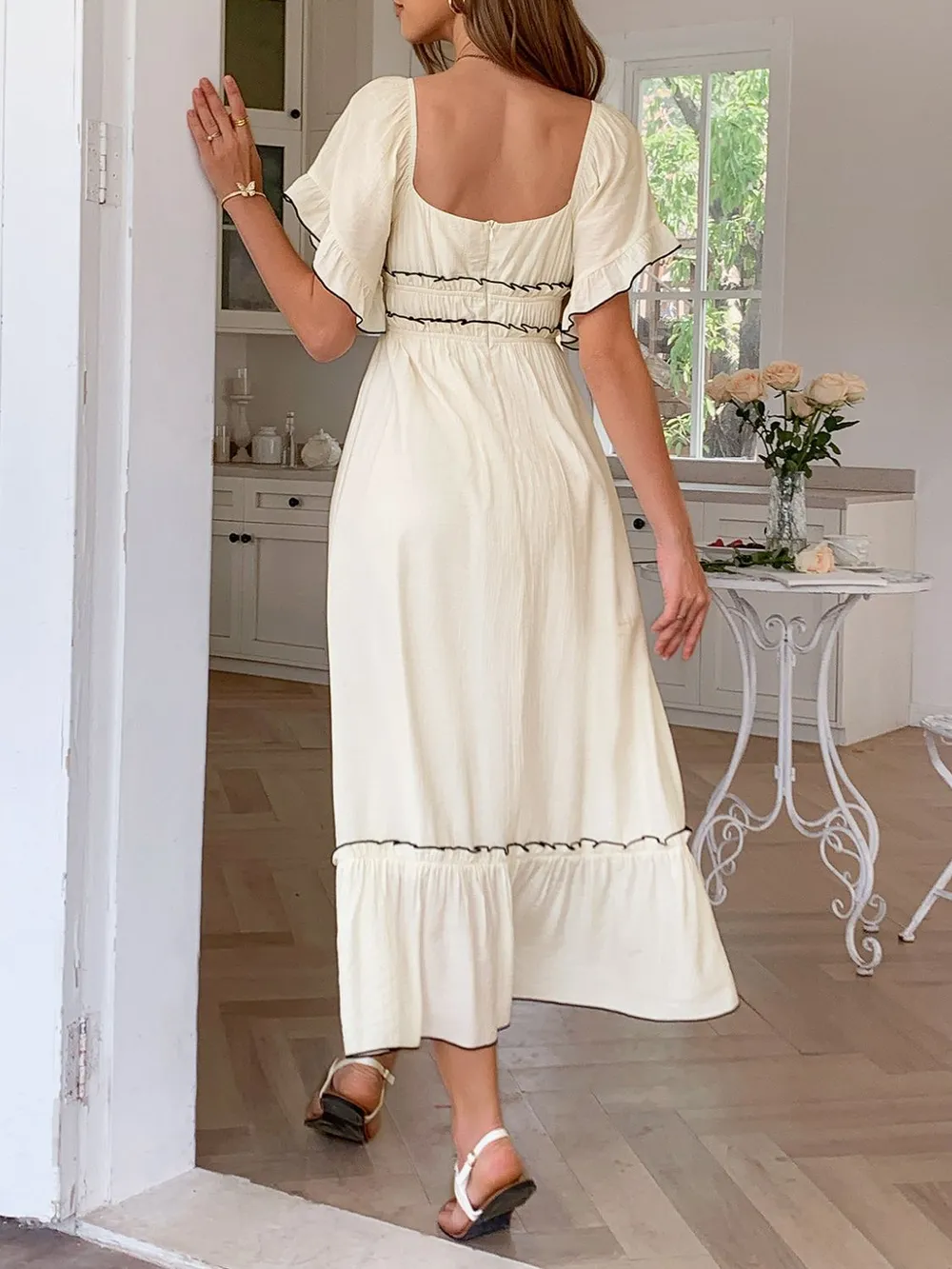 Square Neck Puff Sleeve Ruffle Trim Maxi Dress, image 2