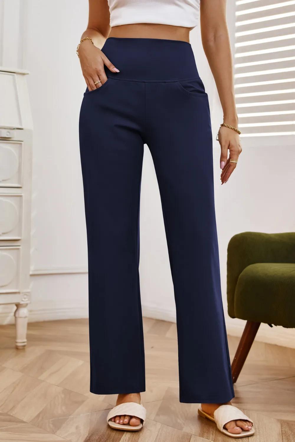 High Waist Wide Leg Pants with Pockets, image 2