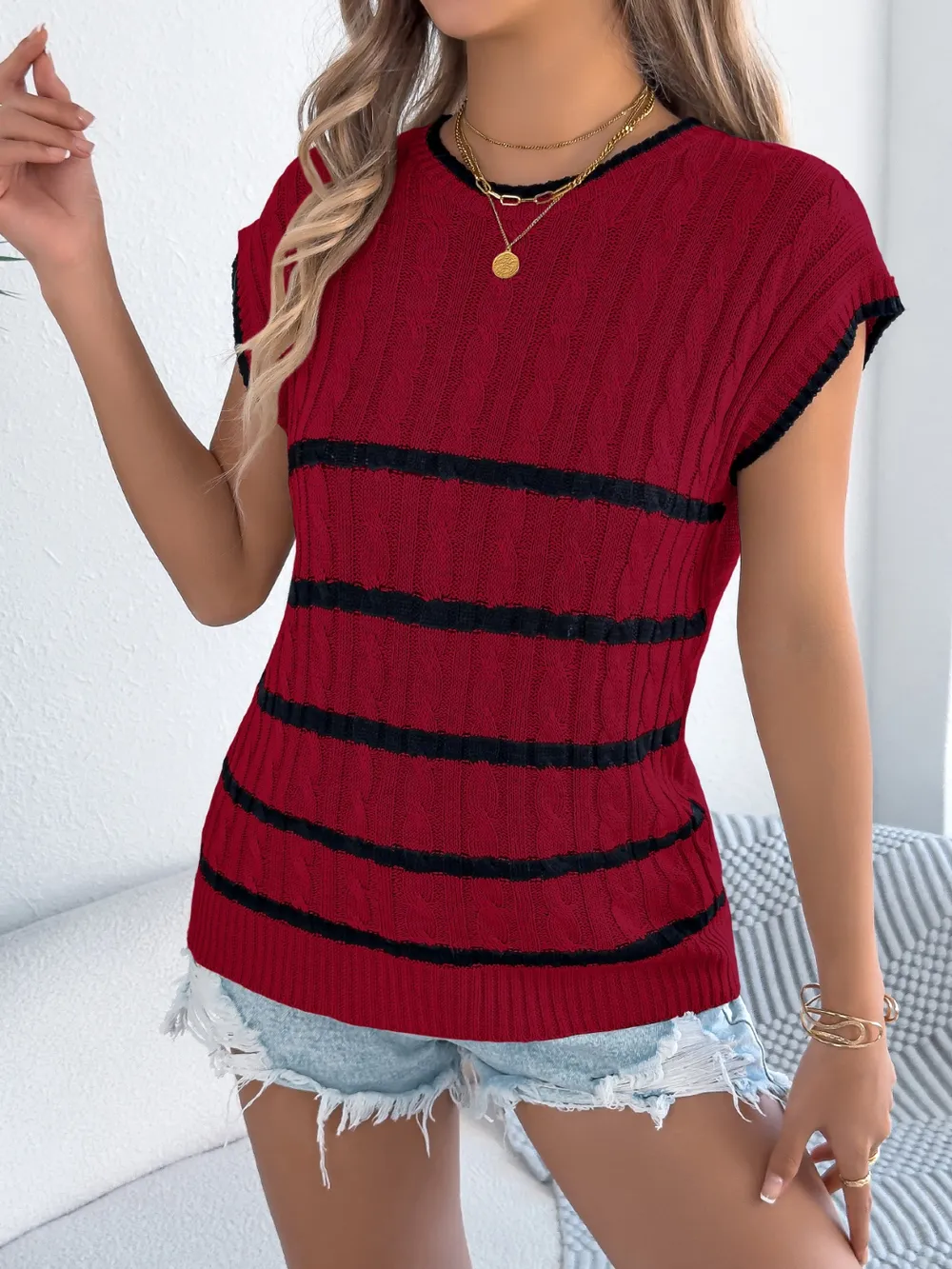 Cable-Knit Striped Round Neck Knit Top, image 2