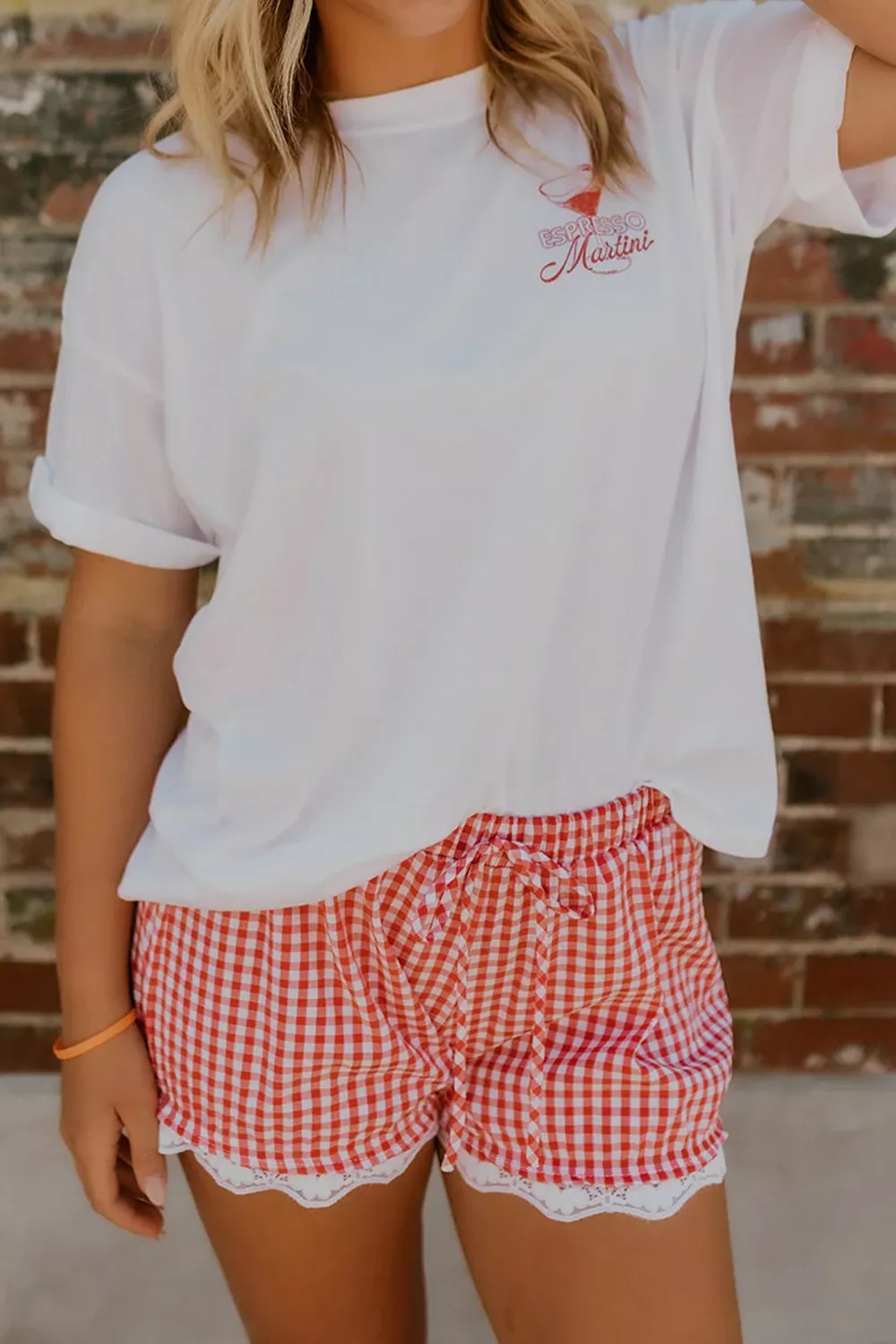 Gingham Plaid Tie Elastic Waist Lace Patchwork Hem Casual Shorts, image 4