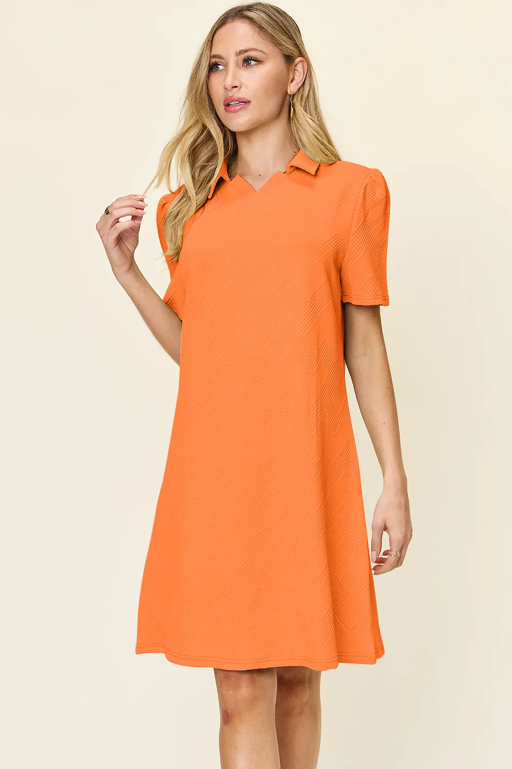 Full Size Texture Collared Neck Short Sleeve Dress, image 2