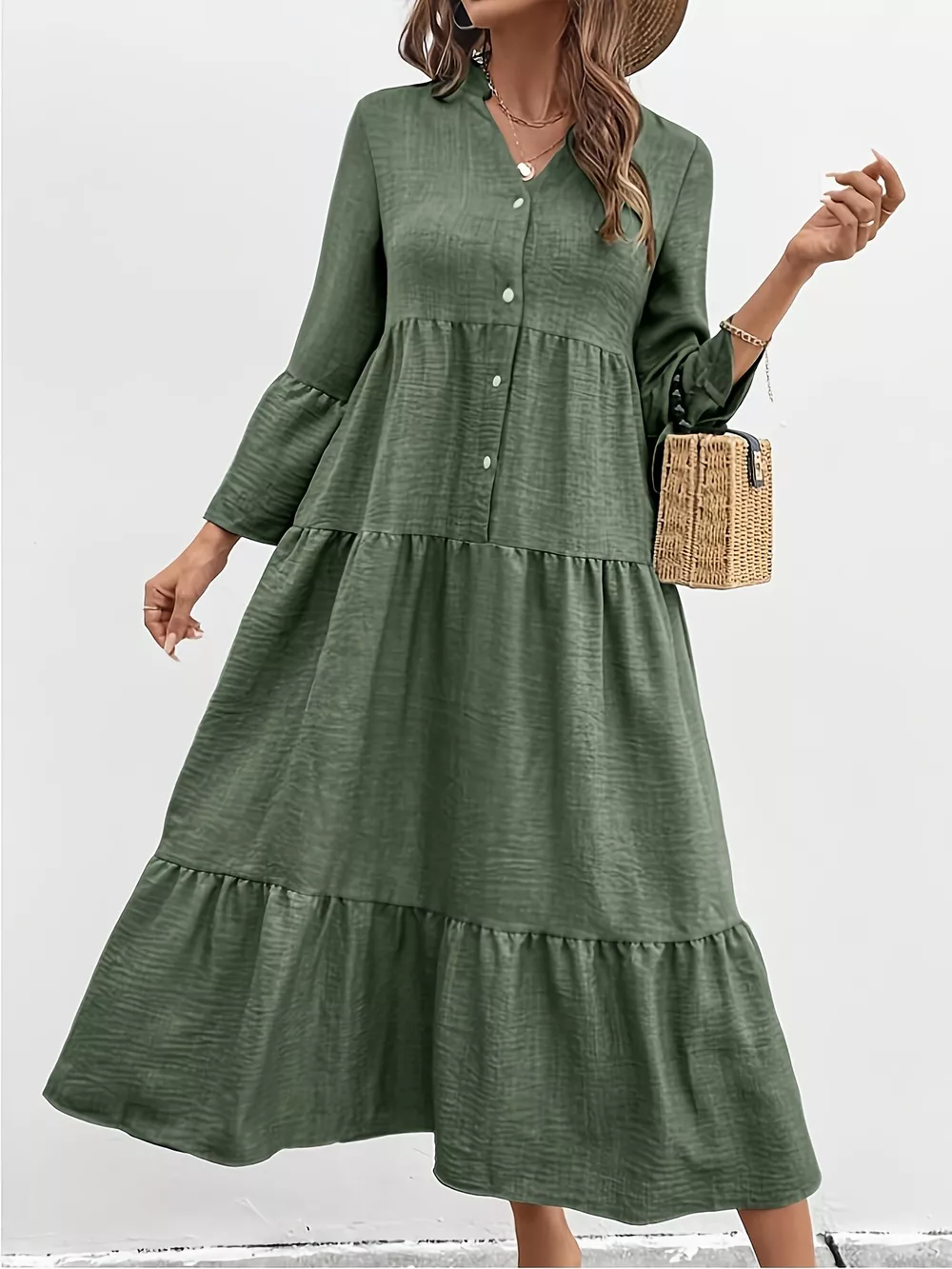 Button Front Tiered Midi Dress, image 2