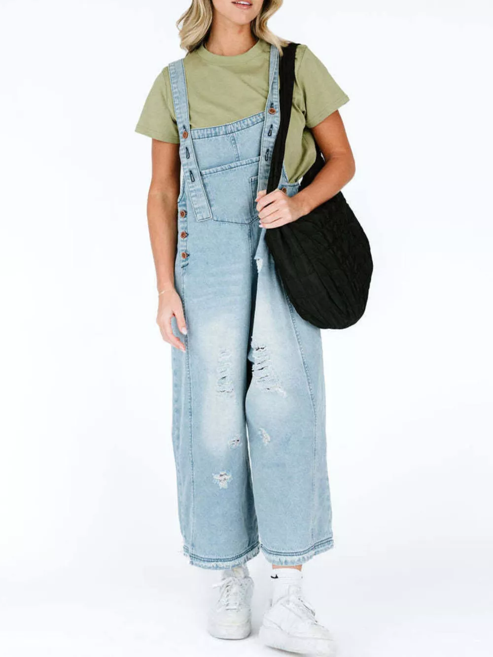 Distressed Wide Leg Denim Overalls, image 2