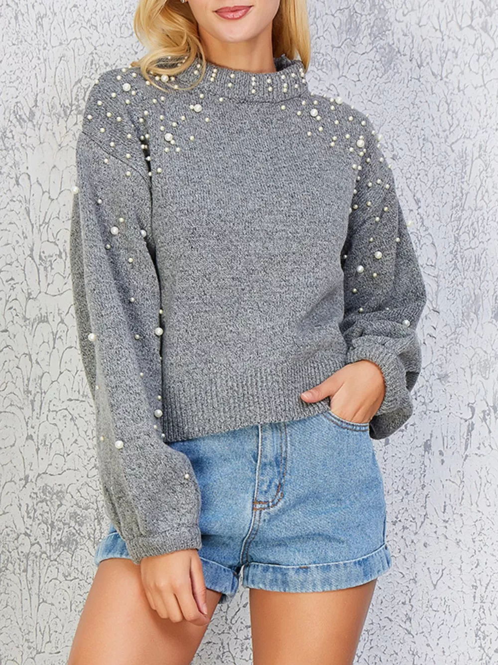 Pearl-Embellished Mock Neck Sweater, image 2