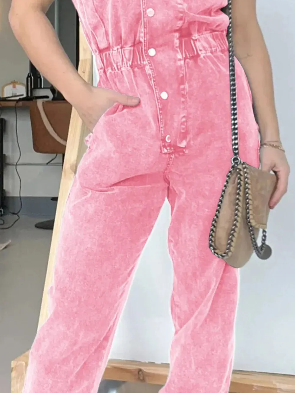Full Size Button Front Cap Sleeve Denim Jumpsuit Plus Size, image 8