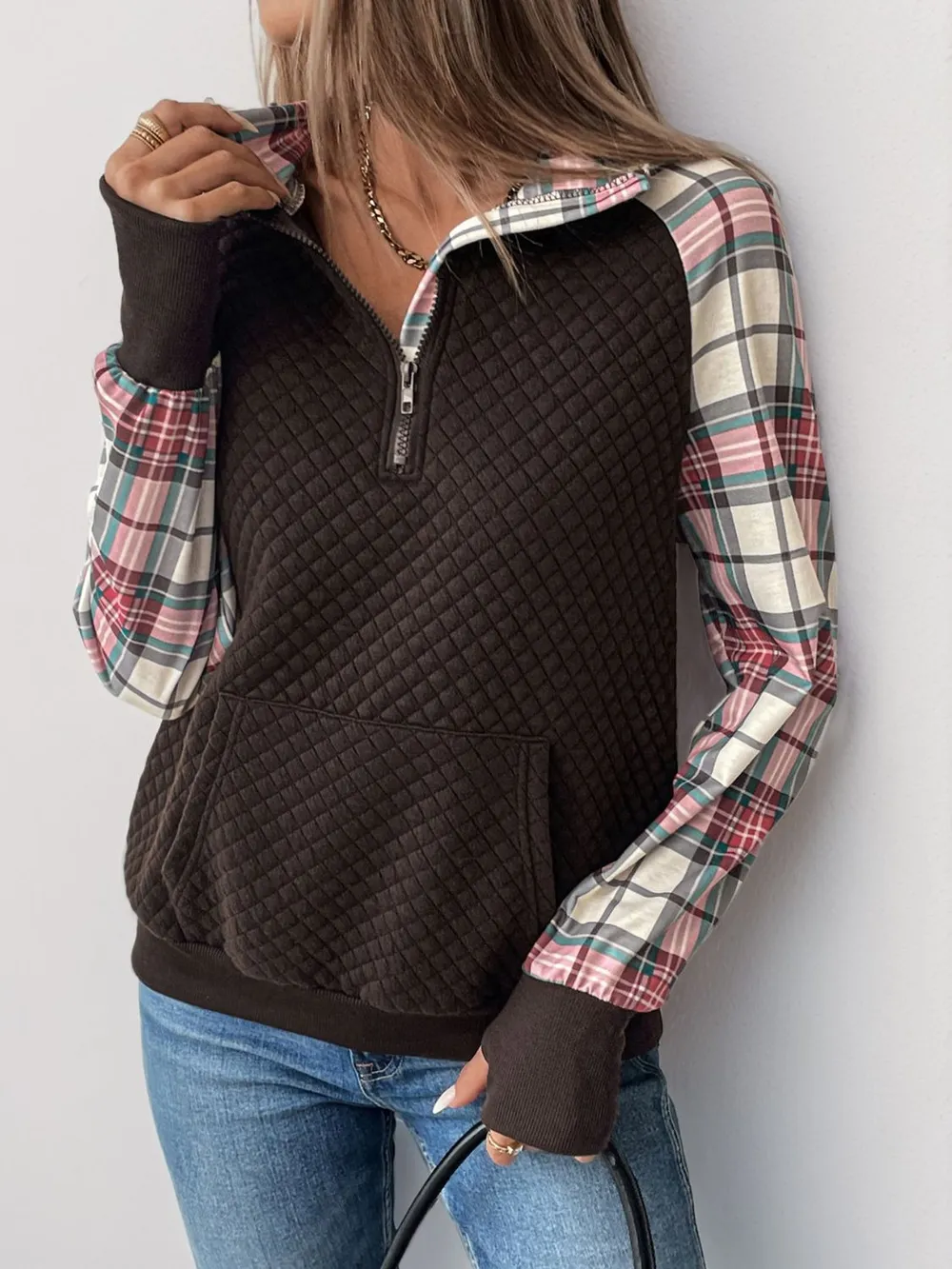 Plaid Half Zip Long Sleeve Sweatshirt, image 2