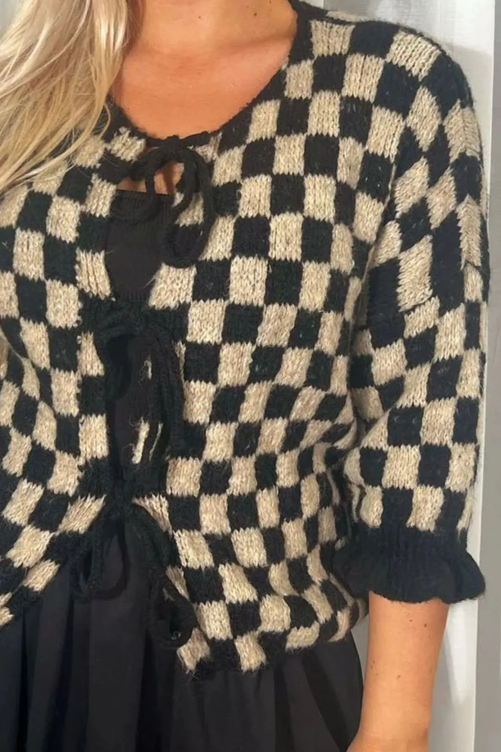 Tied Checkered Dropped Shoulder Flounce Sleeve Cardigan, image 3