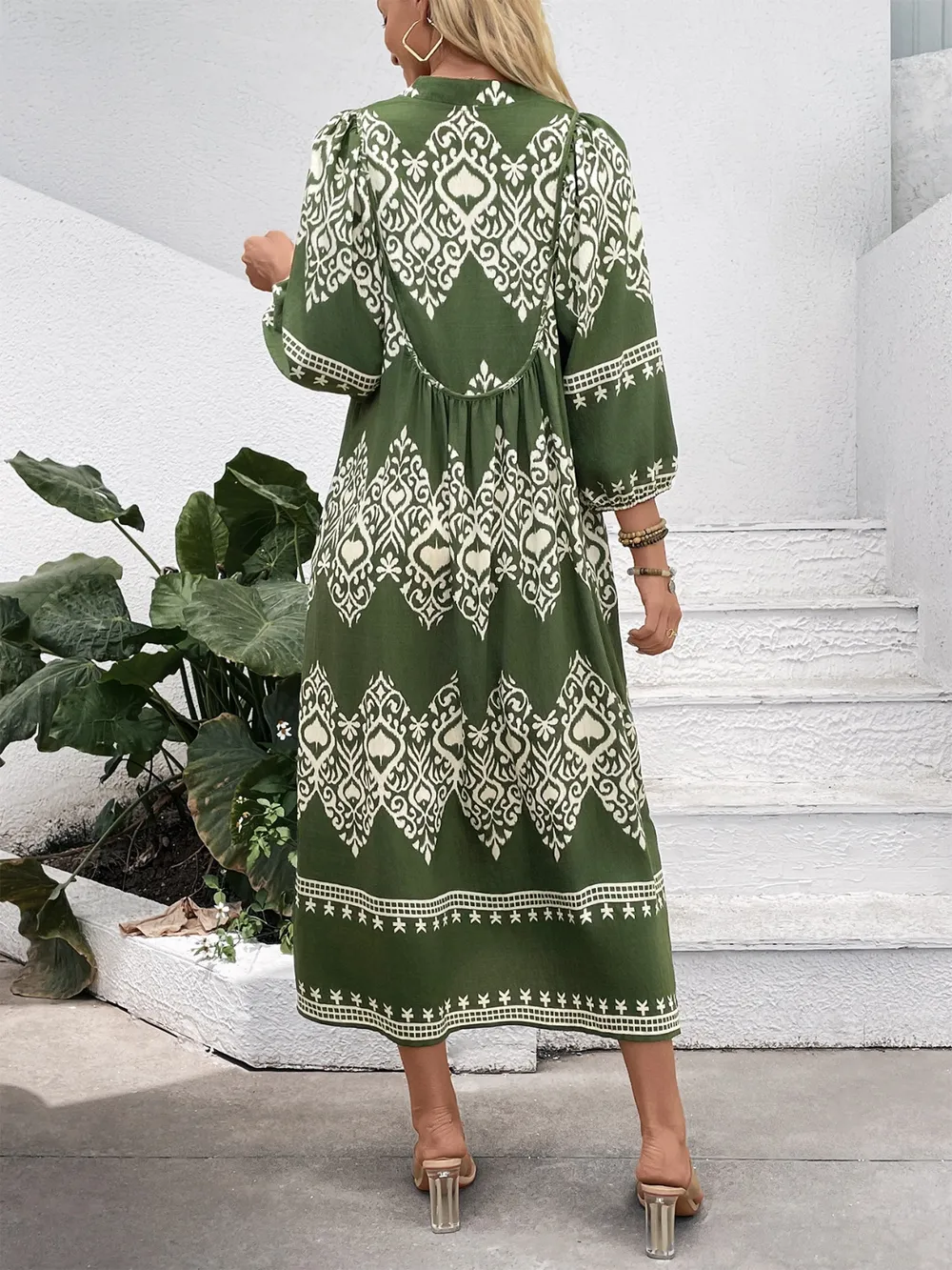 Printed Notched Midi Dress with Pockets, image 2