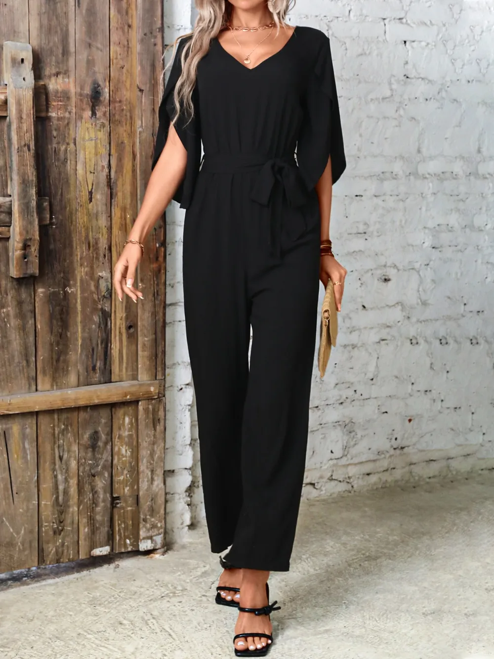 Tied V-Neck Half Sleeve Wide Leg Jumpsuit, image 2