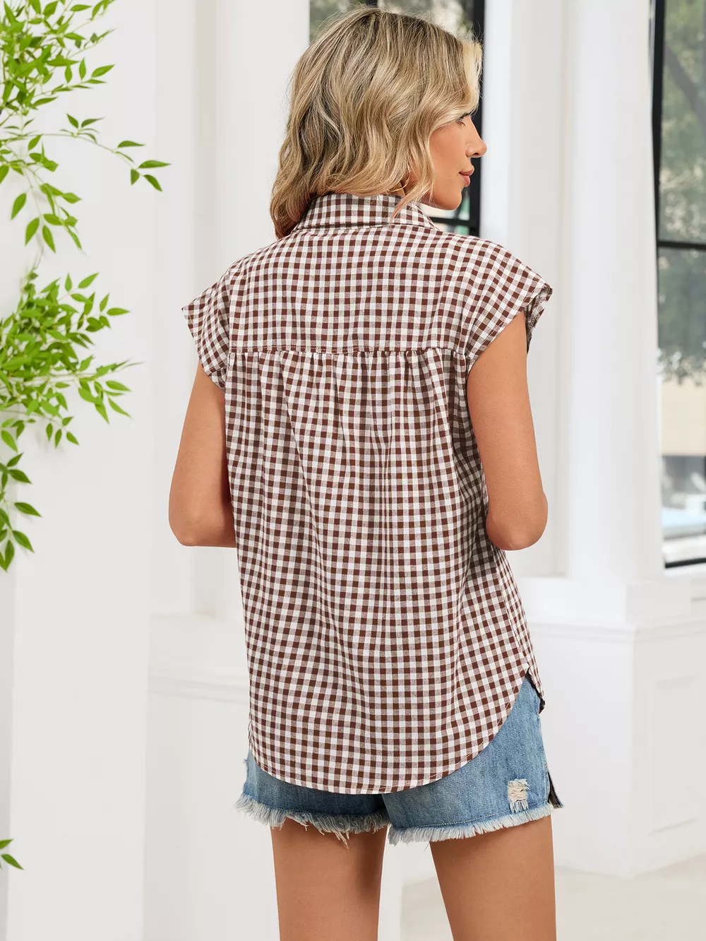 Plaid Button Up Cap Sleeve Shirt, image 23