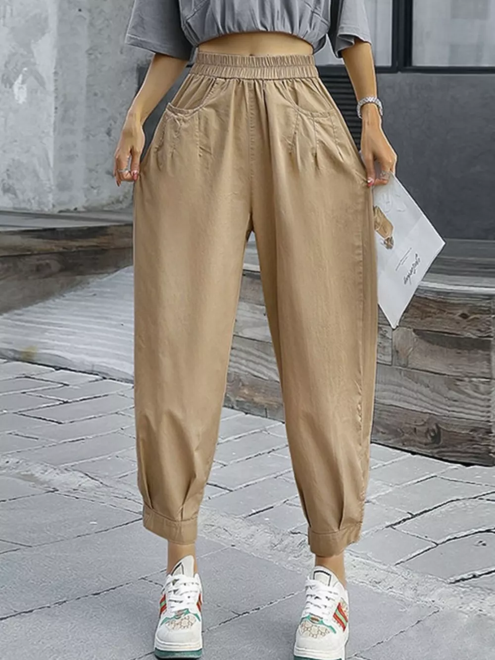 Loose Fit Elastic Waist Harem Pants, image 6